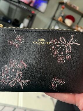 Coach Black Leather Floral Zip Pouch with Pink Accents